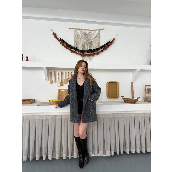 Buklet Dokulu Tek Düğme Detay Kaban Antrasit