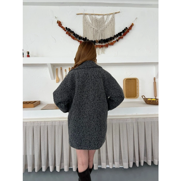 Buklet Dokulu Tek Düğme Detay Kaban Antrasit