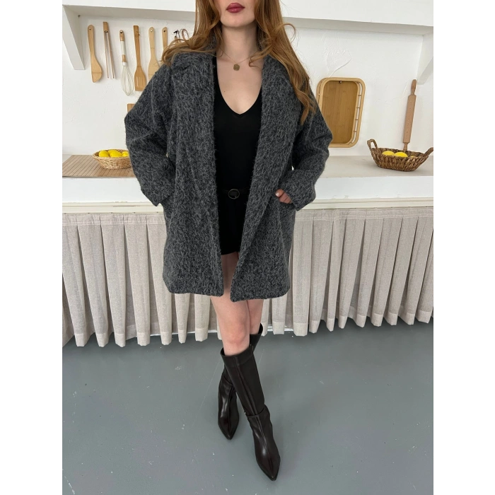 Buklet Dokulu Tek Düğme Detay Kaban Antrasit