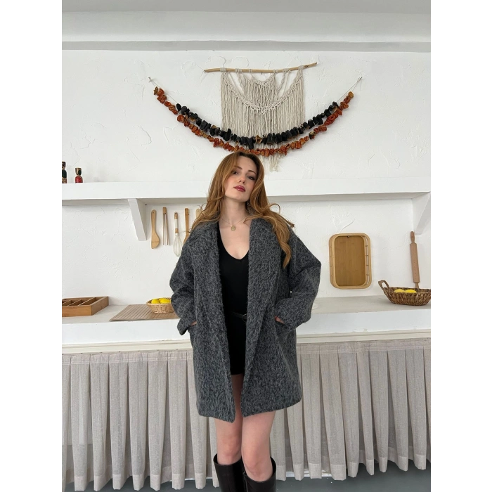 Buklet Dokulu Tek Düğme Detay Kaban Antrasit