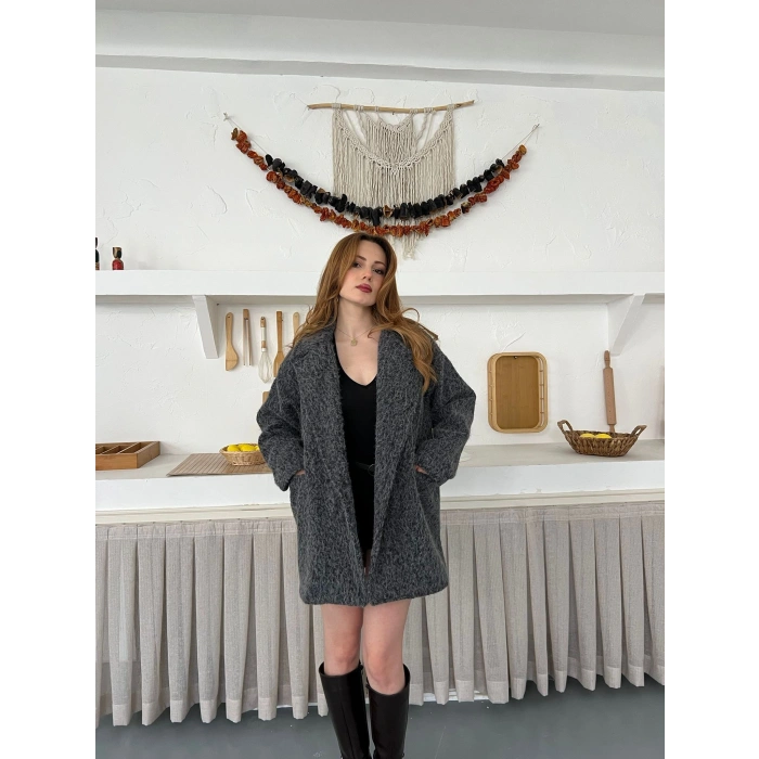 Buklet Dokulu Tek Düğme Detay Kaban Antrasit