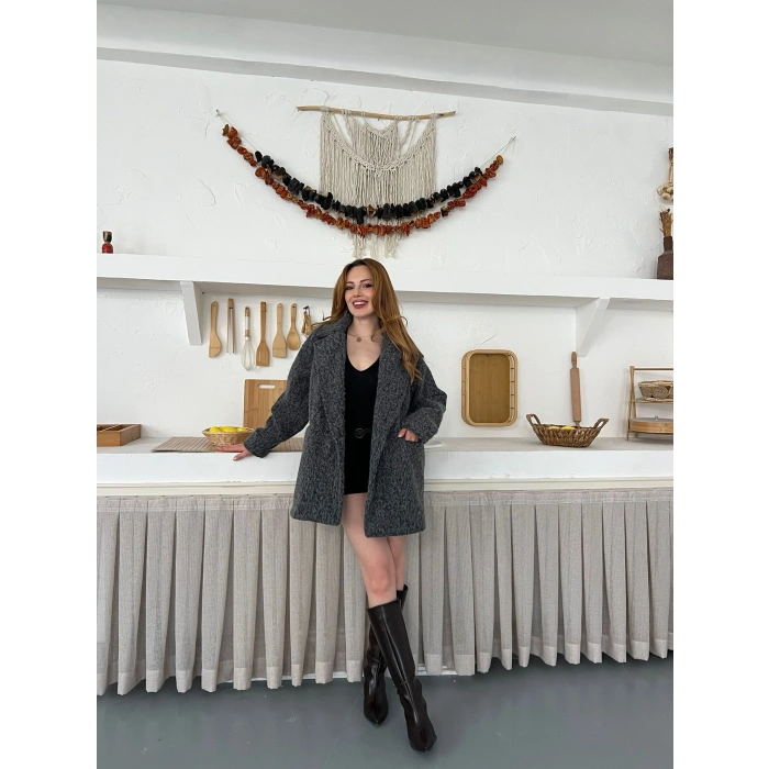 Buklet Dokulu Tek Düğme Detay Kaban Antrasit