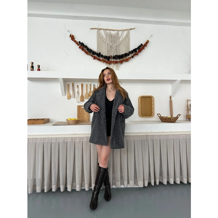 Buklet Dokulu Tek Düğme Detay Kaban Antrasit