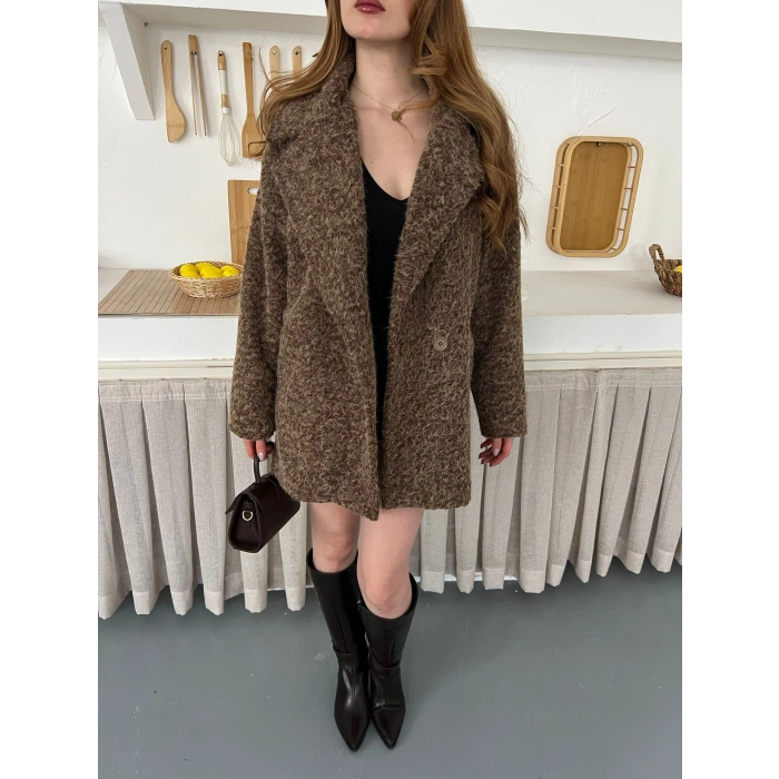 Buklet Dokulu Tek Düğme Detay Kaban Kahve