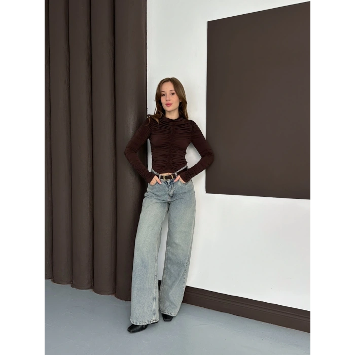 Büzgü Detay Sandy Bluz Acı Kahve