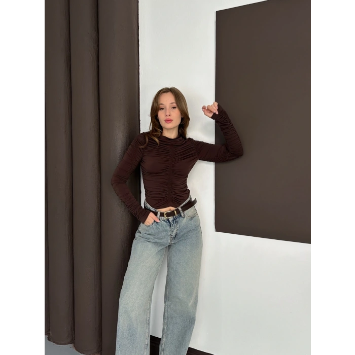 Büzgü Detay Sandy Bluz Acı Kahve