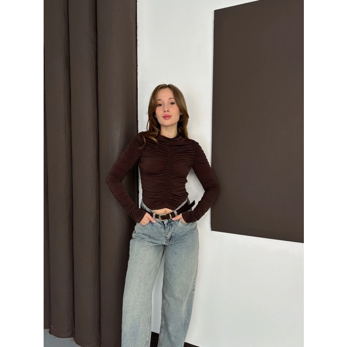 Büzgü Detay Sandy Bluz Acı Kahve