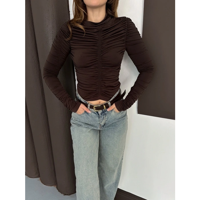 Büzgü Detay Sandy Bluz Acı Kahve