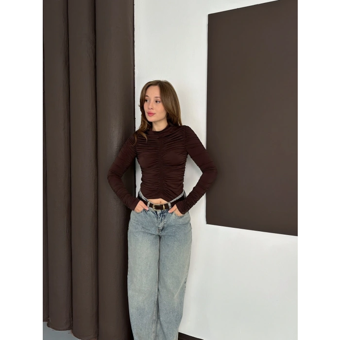 Büzgü Detay Sandy Bluz Acı Kahve