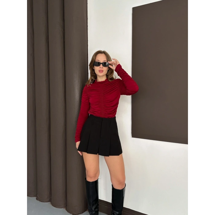 Büzgü Detay Sandy Bluz Bordo