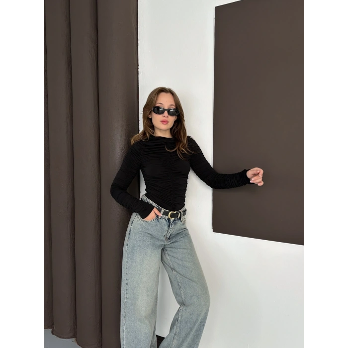 Büzgü Detay Sandy Bluz Siyah