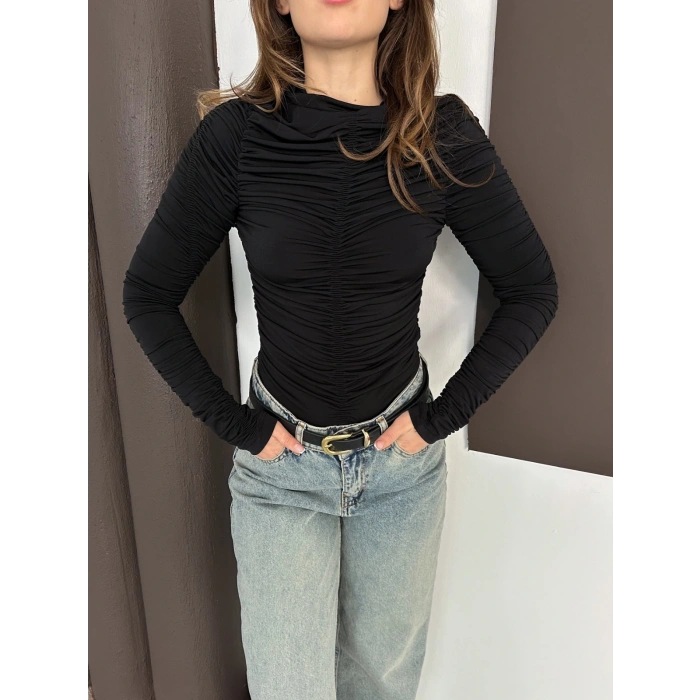 Büzgü Detay Sandy Bluz Siyah
