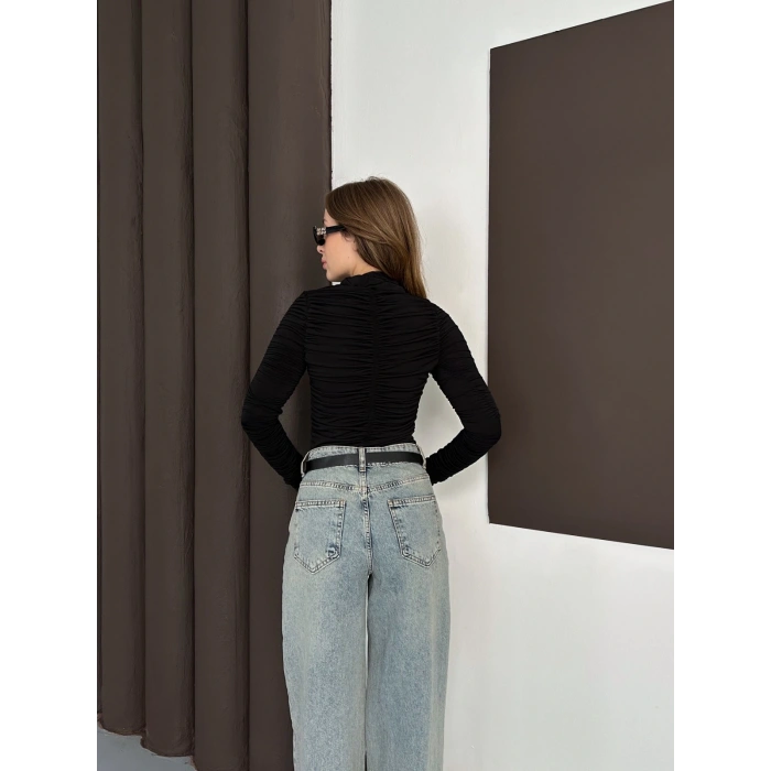 Büzgü Detay Sandy Bluz Siyah