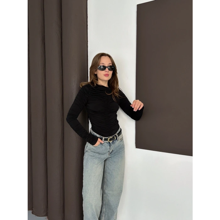 Büzgü Detay Sandy Bluz Siyah