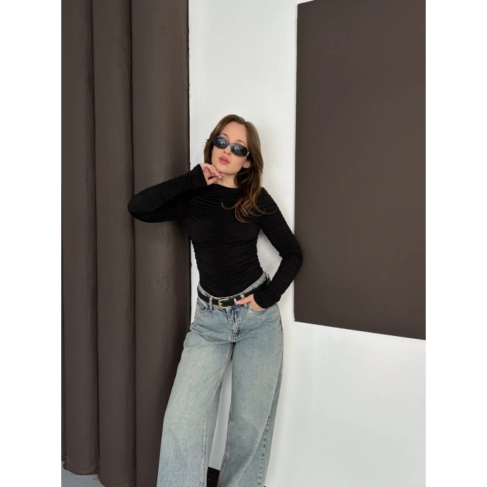 Büzgü Detay Sandy Bluz Siyah