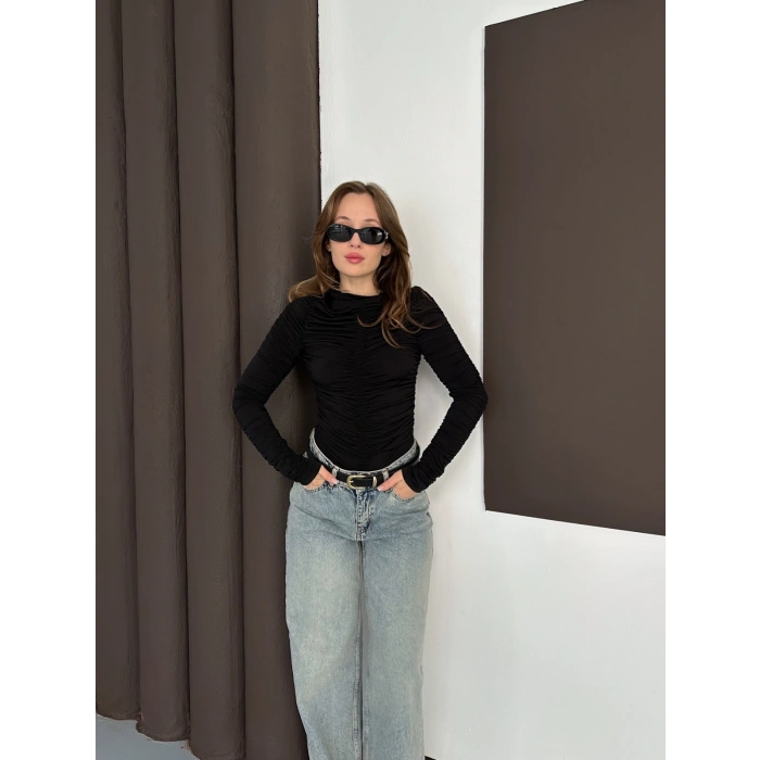 Büzgü Detay Sandy Bluz Siyah