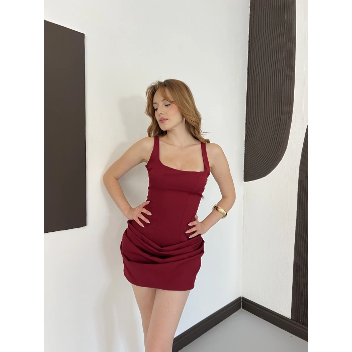 Büzgü Detay Sırt Bağlamalı Mini Elbise Bordo