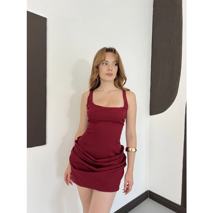 Büzgü Detay Sırt Bağlamalı Mini Elbise Bordo