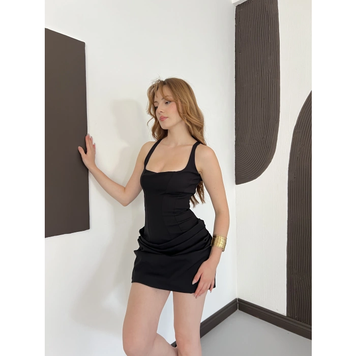Büzgü Detay Sırt Bağlamalı Mini Elbise Siyah