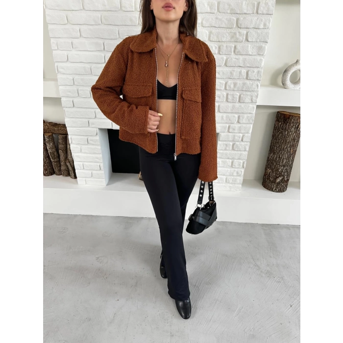 Cep Detay Crop Peluş Ceket Kiremit