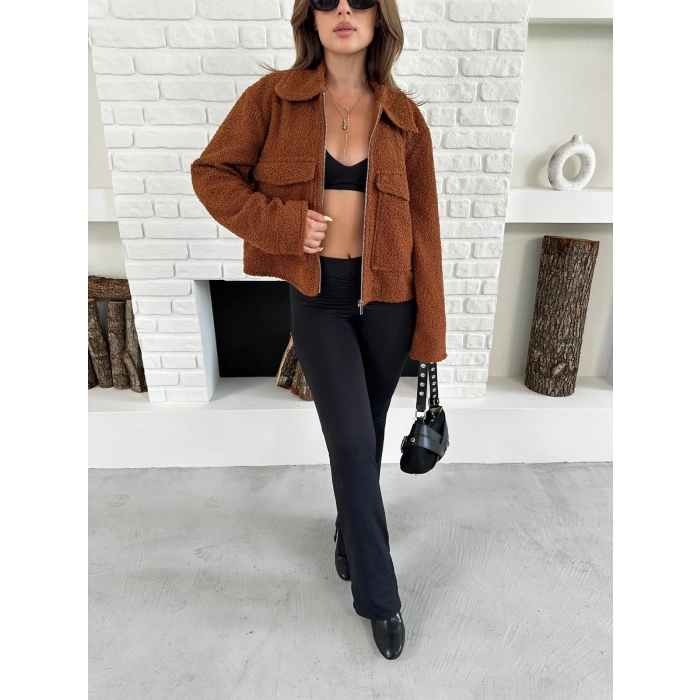 Cep Detay Crop Peluş Ceket Kiremit