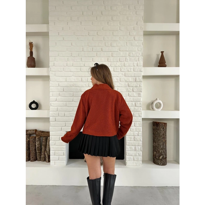Cep Detay Crop Peluş Ceket Kırmızı
