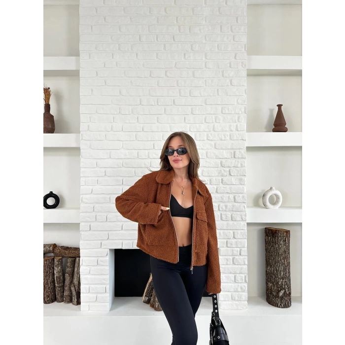 Cep Detay Crop Peluş Ceket Kiremit