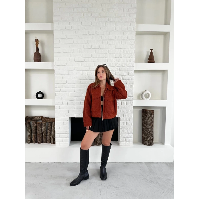 Cep Detay Crop Peluş Ceket Kiremit