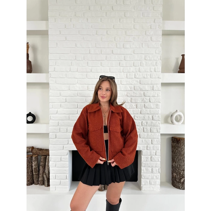 Cep Detay Crop Peluş Ceket Kırmızı