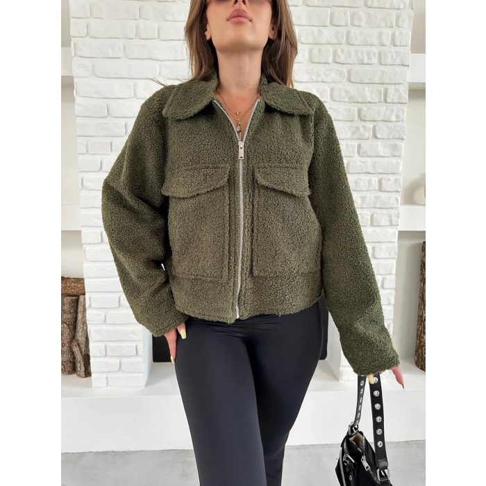 Cep Detay Crop Peluş Ceket Haki