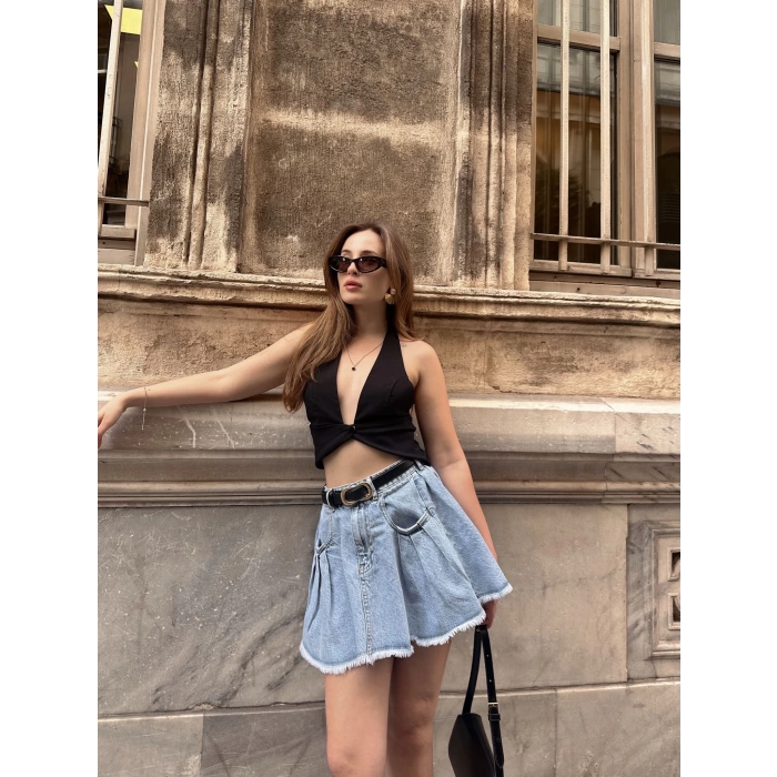 Cep Detaylı Denim Etek Açık Mavi