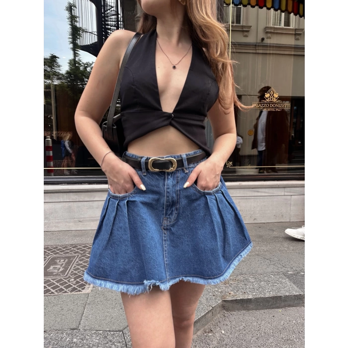Cep Detaylı Denim Etek Koyu Mavi