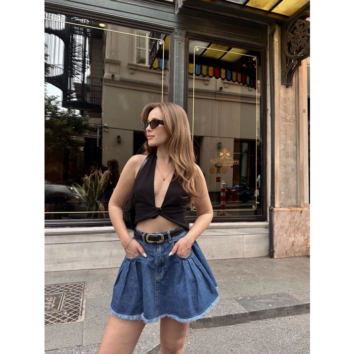 Cep Detaylı Denim Etek Koyu Mavi