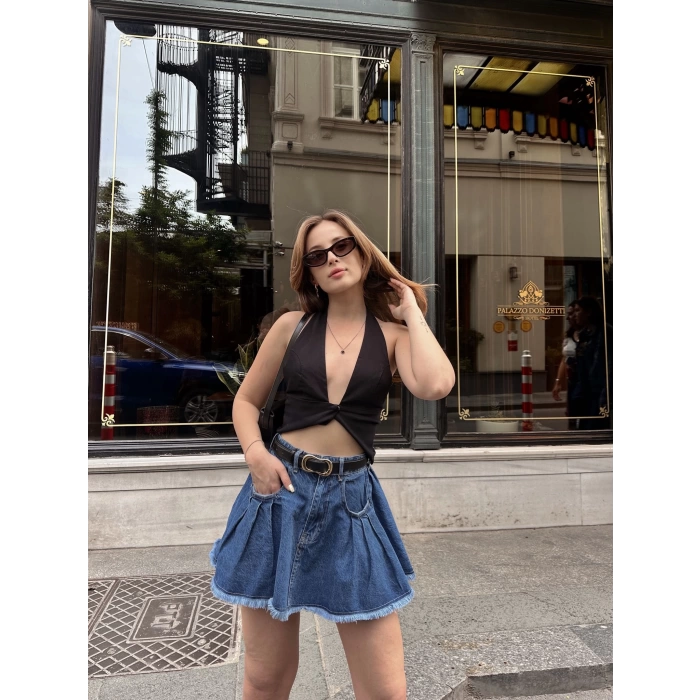 Cep Detaylı Denim Etek Koyu Mavi