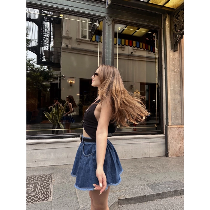 Cep Detaylı Denim Etek Koyu Mavi