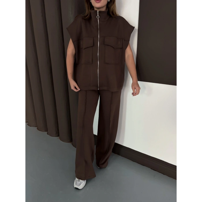 Cep Detaylı Fermuarlı Yarasa Kol Takım Acı Kahve