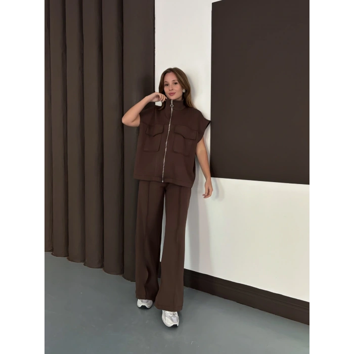 Cep Detaylı Fermuarlı Yarasa Kol Takım Acı Kahve