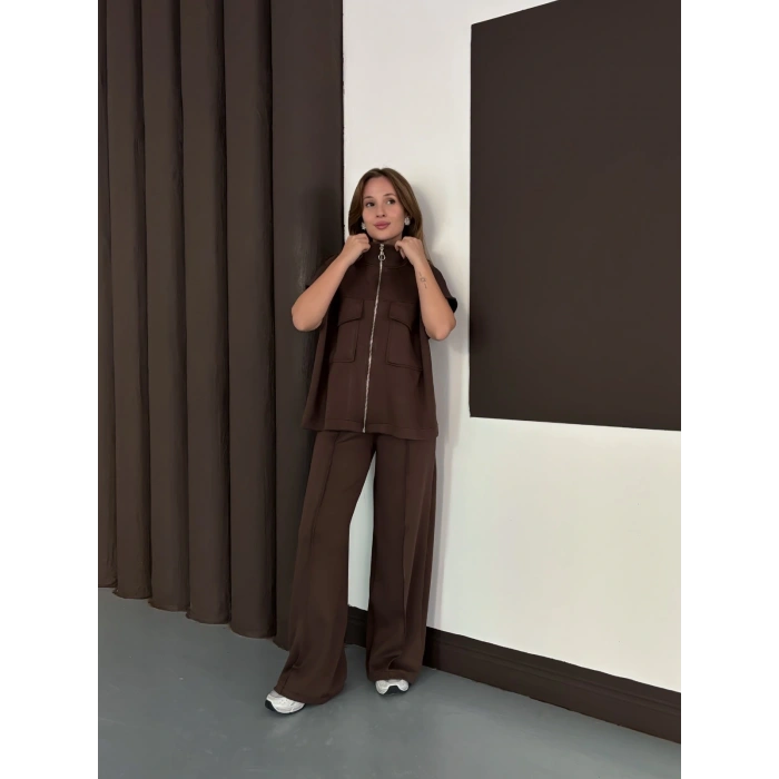 Cep Detaylı Fermuarlı Yarasa Kol Takım Acı Kahve