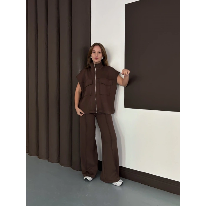 Cep Detaylı Fermuarlı Yarasa Kol Takım Acı Kahve