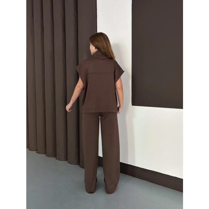 Cep Detaylı Fermuarlı Yarasa Kol Takım Acı Kahve