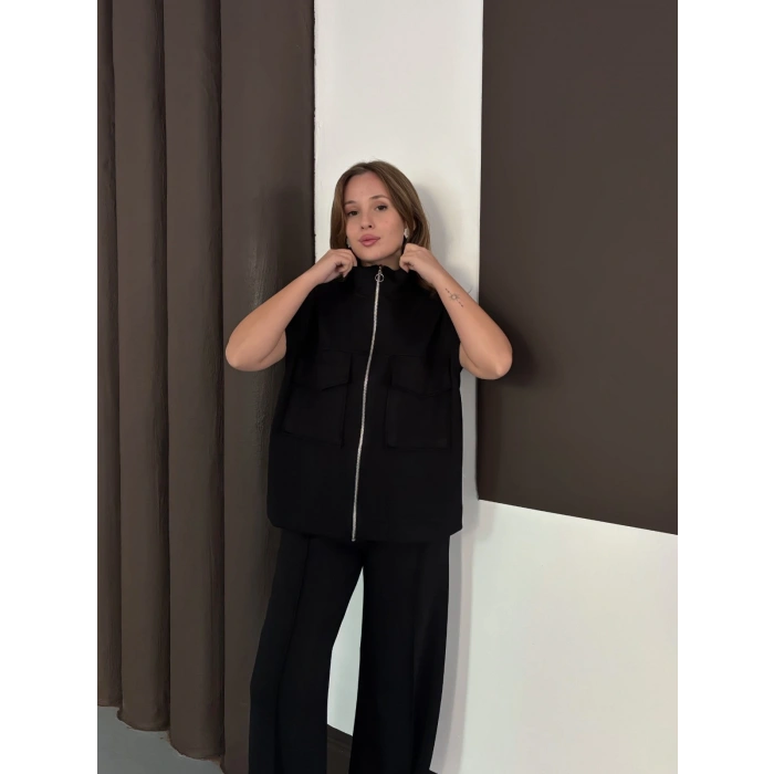 Cep Detaylı Fermuarlı Yarasa Kol Takım Siyah