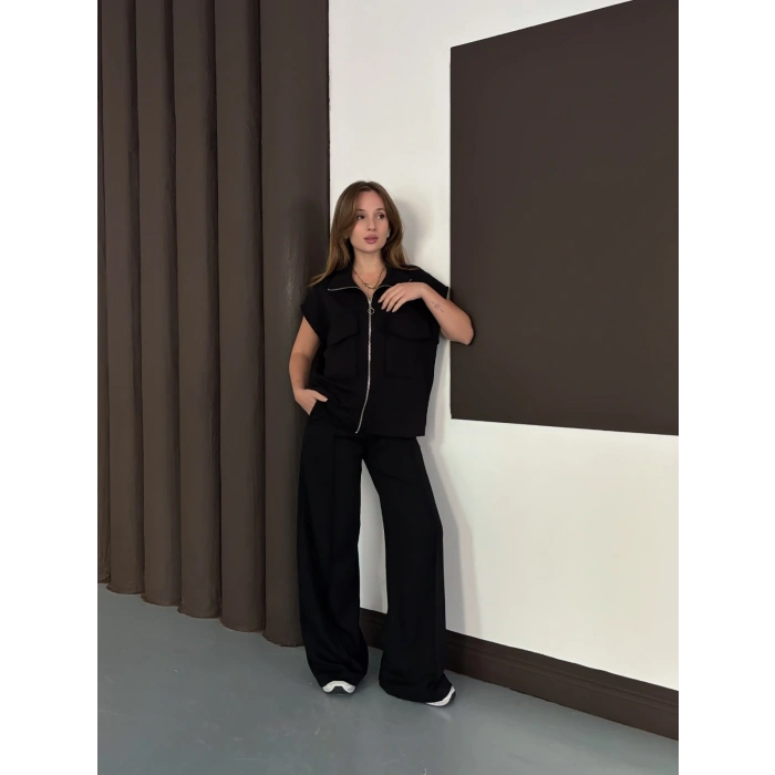 Cep Detaylı Fermuarlı Yarasa Kol Takım Siyah