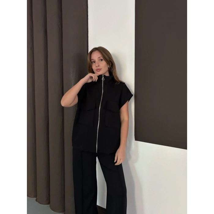 Cep Detaylı Fermuarlı Yarasa Kol Takım Siyah