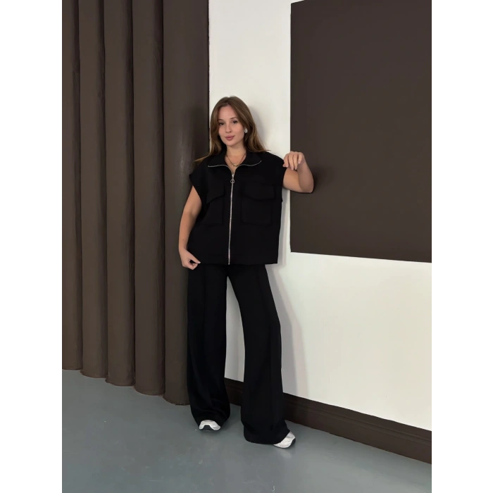 Cep Detaylı Fermuarlı Yarasa Kol Takım Siyah