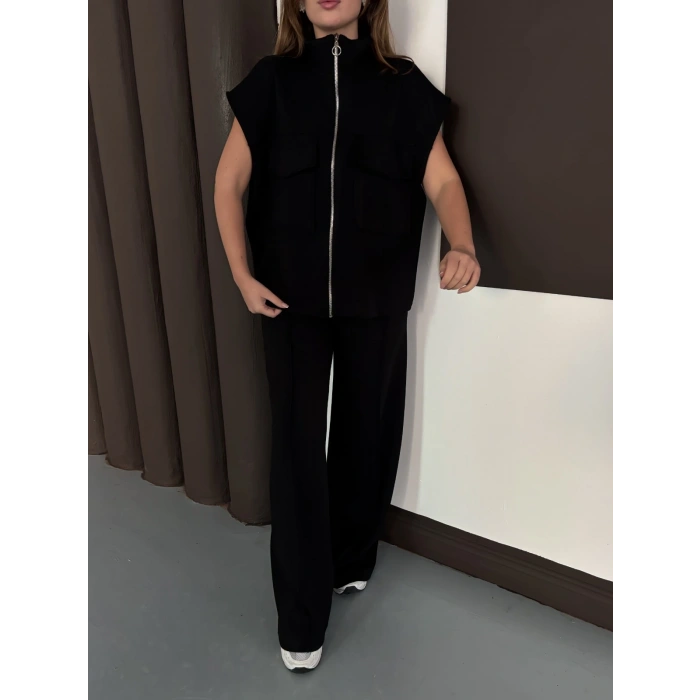 Cep Detaylı Fermuarlı Yarasa Kol Takım Siyah