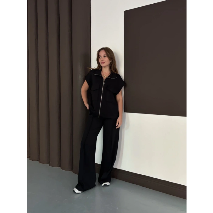 Cep Detaylı Fermuarlı Yarasa Kol Takım Siyah