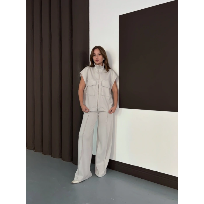 Cep Detaylı Fermuarlı Yarasa Kol Takım Taş