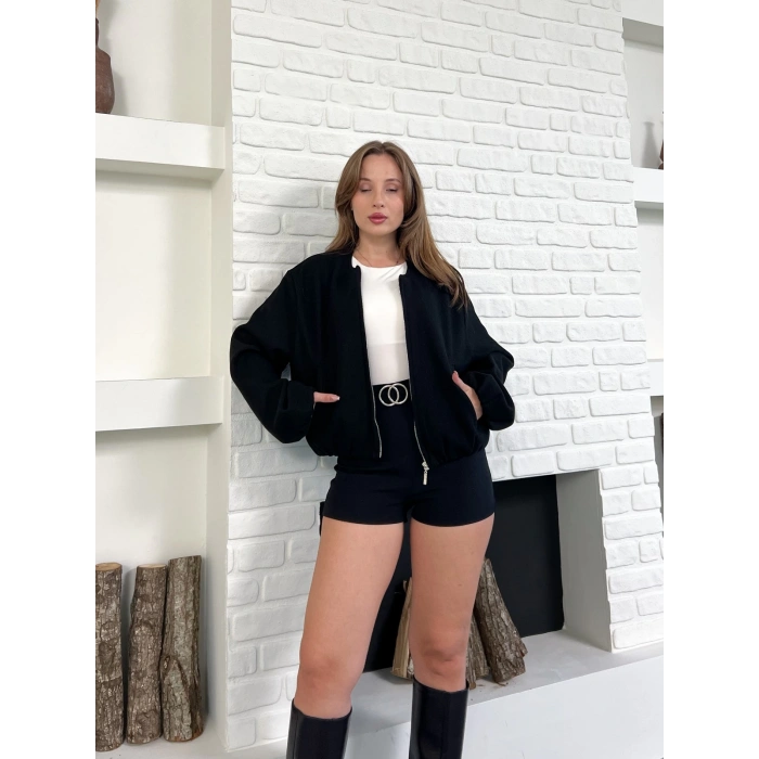Cep Detaylı Kısa Kaşe Ceket Siyah