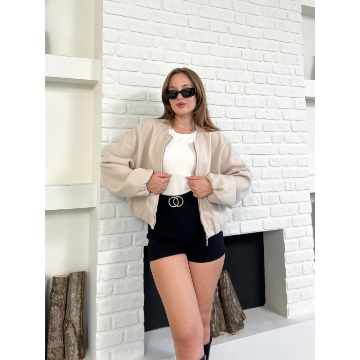 Cep Detaylı Kısa Kaşe Ceket Vizon