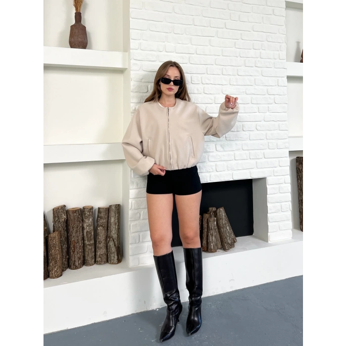 Cep Detaylı Kısa Kaşe Ceket Vizon